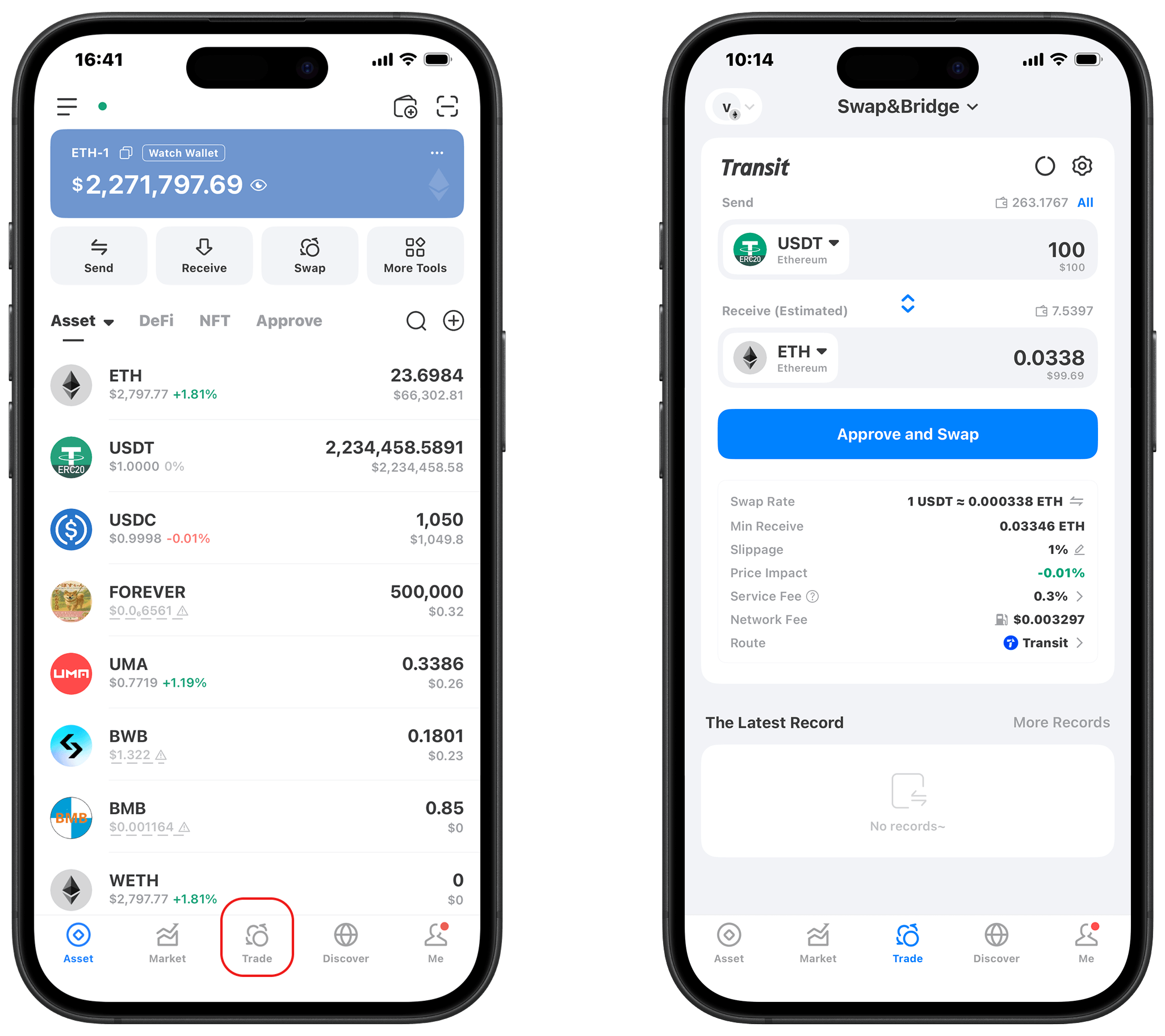 Página inicial e página de troca TokenPocket